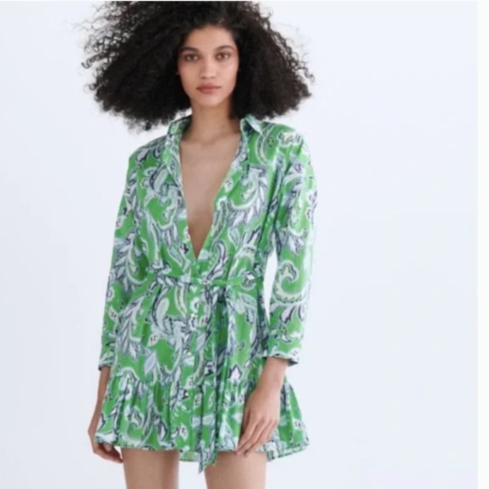 Zara - Blue Green Printed Shirt Dress. Size:XS
